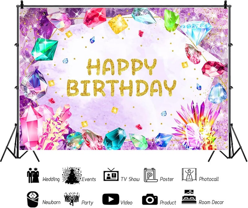 Renaiss 5x3ft Gemstone Birthday Backdrop for Her She is a Gem Birthday Photography Background Happy Birthday Banner Jewel Diamond Crystal Princess Girls Kids Birthday Party Decor Photo Booth Props - Image 4