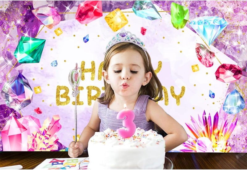 Renaiss 5x3ft Gemstone Birthday Backdrop for Her She is a Gem Birthday Photography Background Happy Birthday Banner Jewel Diamond Crystal Princess Girls Kids Birthday Party Decor Photo Booth Props - Image 2