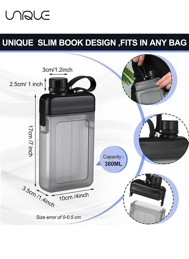 Unique 1 Pcs Flat Water Bottle 13oz Plastic Flask，Square Bottle Portable Travel Mug Pocket Water Bottle for Sports, Camping, Gym, Fitness, Outdoor - Black  - Image 2