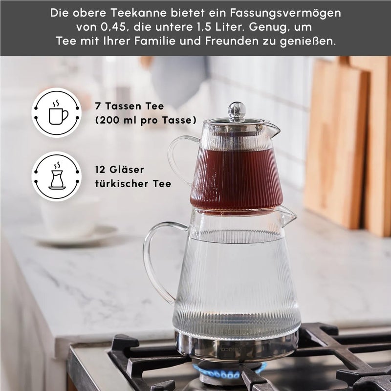 Karaca Keops Turkish Small Teapot with Infuser and Lid (450 ml Tea Pot & 1500 ml Induction Kettle) - Borosilicate Glass Small Teapot Set for Stovetops - Clear Tea Maker with 10-15 Cups Capacity - Image 3