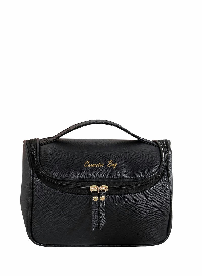 KASTWAVE Makeup Bag, Leather Makeup Bag Large Deep Handbag Traveling Cosmetic Organizer for Women and Girls, Make up Waterproof Travel Bags Large Cosmetic Case Organizer are Easy to Carry (Black)  - Image 2