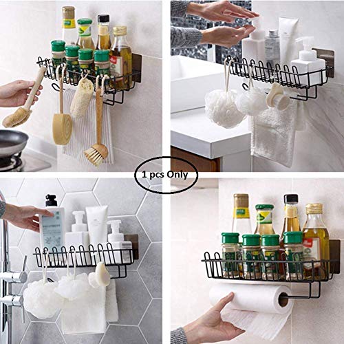 LUVINA Self Adhevise Wall Mounted Hanging Storage Holder with Towel Rack,Tissue Rack Kitchen Wall Spice Rack Stand Stainless Steel Shower Caddy for Bathroom (Black) - Image 4