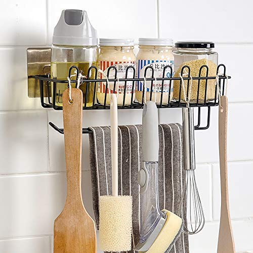 LUVINA Self Adhevise Wall Mounted Hanging Storage Holder with Towel Rack,Tissue Rack Kitchen Wall Spice Rack Stand Stainless Steel Shower Caddy for Bathroom (Black) - Image 1