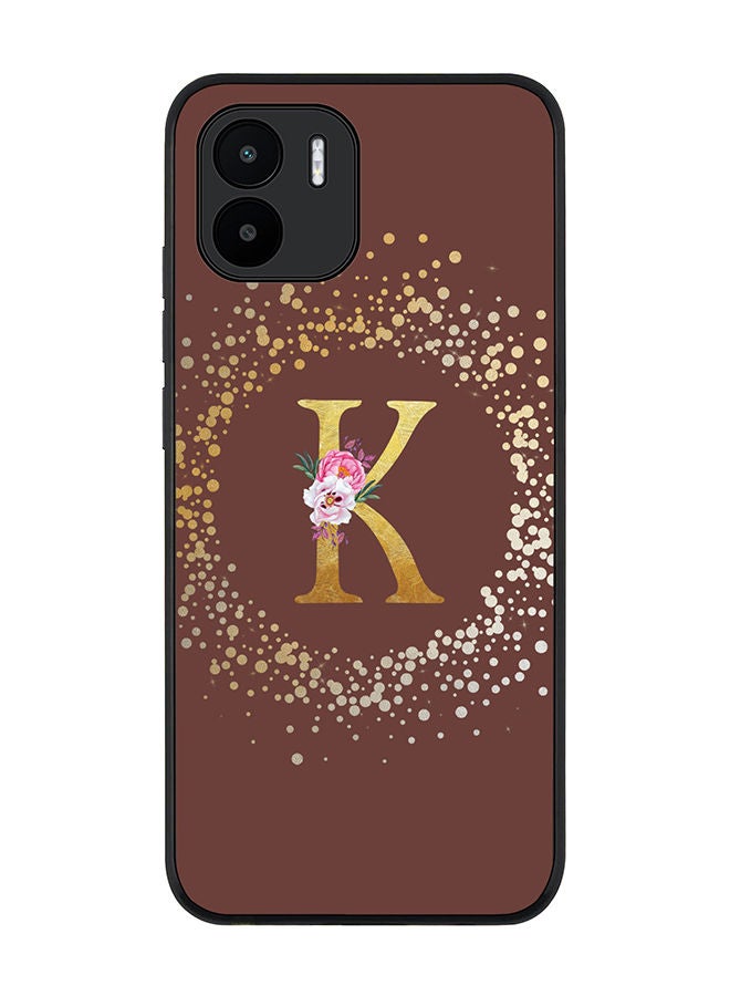 Stylizedd Rugged Black edge case for Xiaomi Redmi A2 / Xiaomi Redmi A1 Slim fit Soft Case Flexible Rubber Edges TPU Gel Thin Cover - Custom Monogram Initial Letter Floral Pattern Alphabet - K (Brown) - Image 1