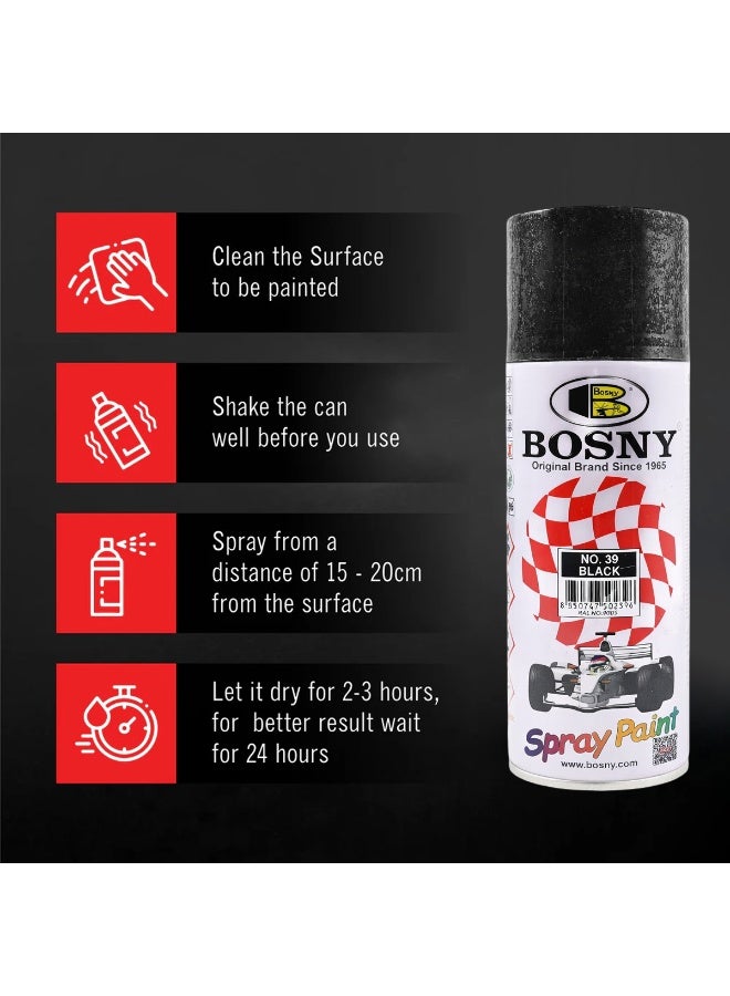 Bosny No.39 Black Spray Paint 400ml, Multi Surface Aerosol Paint for Metal Wood Wall Glass Automotive Touch Up, Quick Dry High Gloss Durable Finish Spray Paint for Home Interior Exterior DIY Projects - Image 2