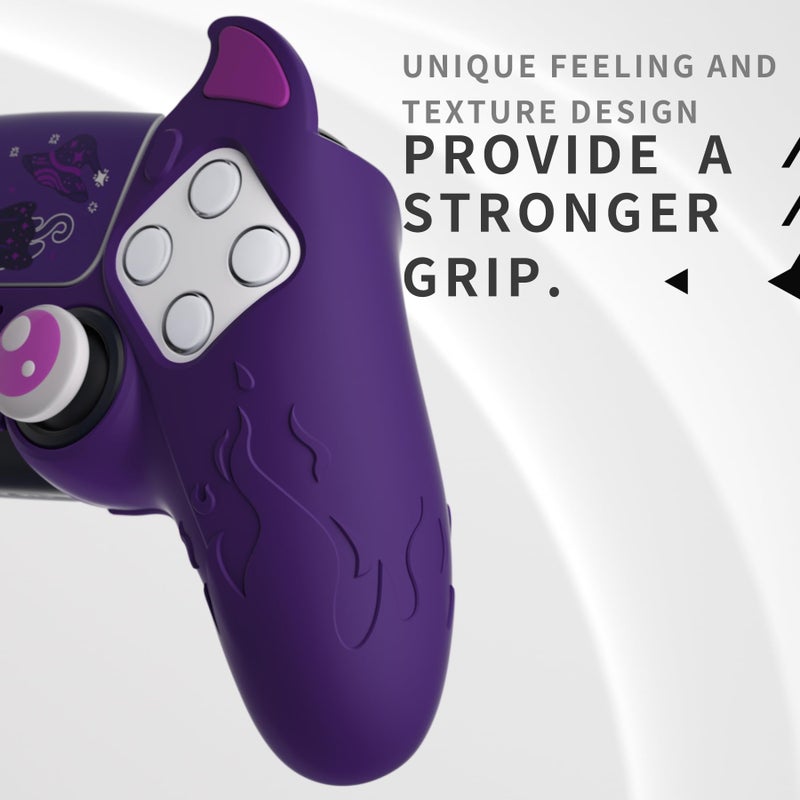 PlayVital Halloween Cute Demon Controller Silicone Case for ps5, Kawaii Controller Cover Gamepad Skin Protector for ps5 with Touch Pad Sticker & Thumb Grip Caps - Purple - Image 4