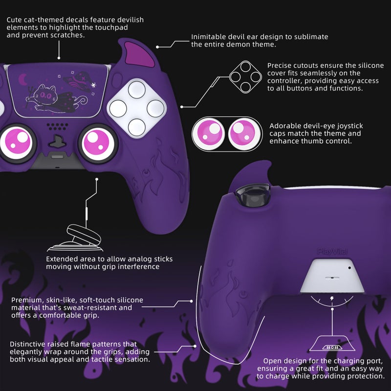 PlayVital Halloween Cute Demon Controller Silicone Case for ps5, Kawaii Controller Cover Gamepad Skin Protector for ps5 with Touch Pad Sticker & Thumb Grip Caps - Purple - Image 5