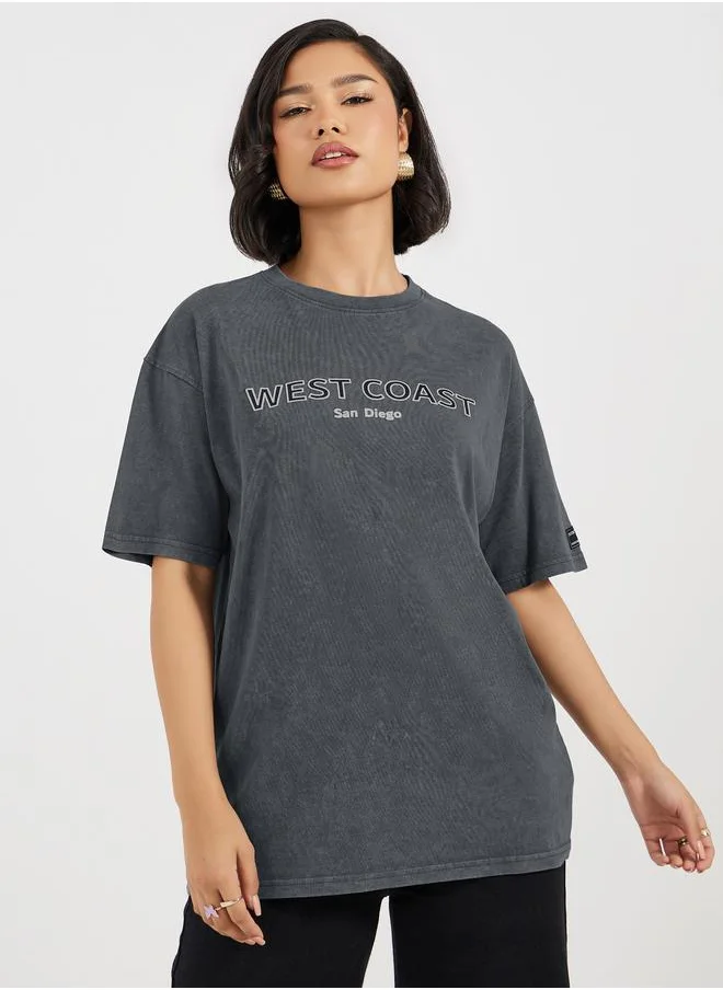 ستايلي Styli Acid Washed Oversized T-Shirt with Print Detail