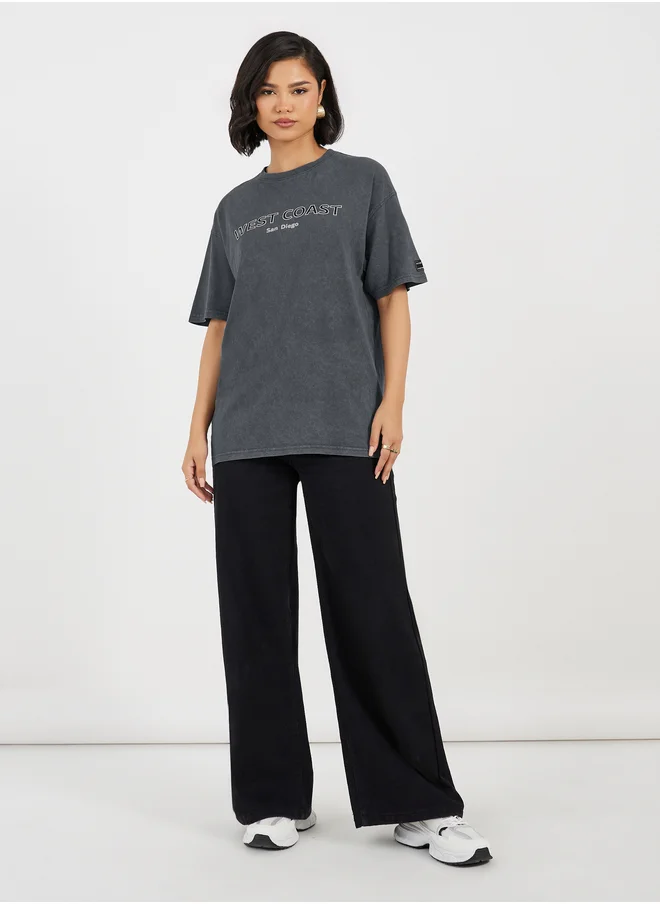 Styli Styli Acid Washed Oversized T-Shirt with Print Detail