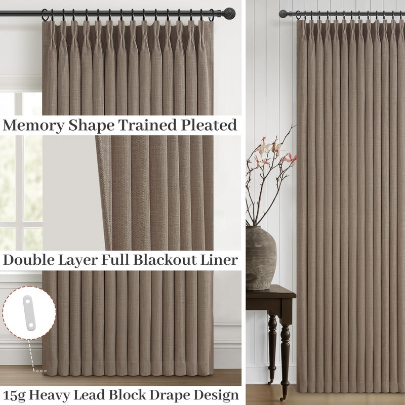 PleatedDrapes Extra Wide 70 Inch Natural Linen Double Layer Curtains 96 Inches Long for Sliding Glass Door 2 Panels Set, Memory Trained Pinch Pleated Blackout Noise Reducing Modern Windows Curtain Dark Brown - Image 4