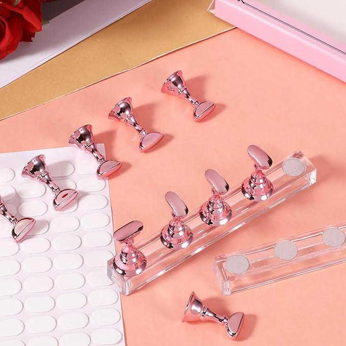 Acrylic Nail Display Stand Nail Crystal Holder Magnetic Nail Tips Practice Holder for Nail Art with Reusable Adhesive Putty Nail Stand Kit for Press Ons and DIY Painting NailsRose Gold