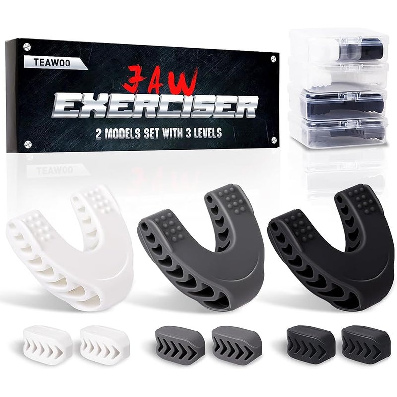 تيوو 9PCS Jaw Exerciser for Men & Women, 2 Model Set with 3 Resistance Levels Silicone Jaw Toner for Beginner, Intermediate & Advanced Users, Jawline Exerciser (White/Grey/Black) - Image 1