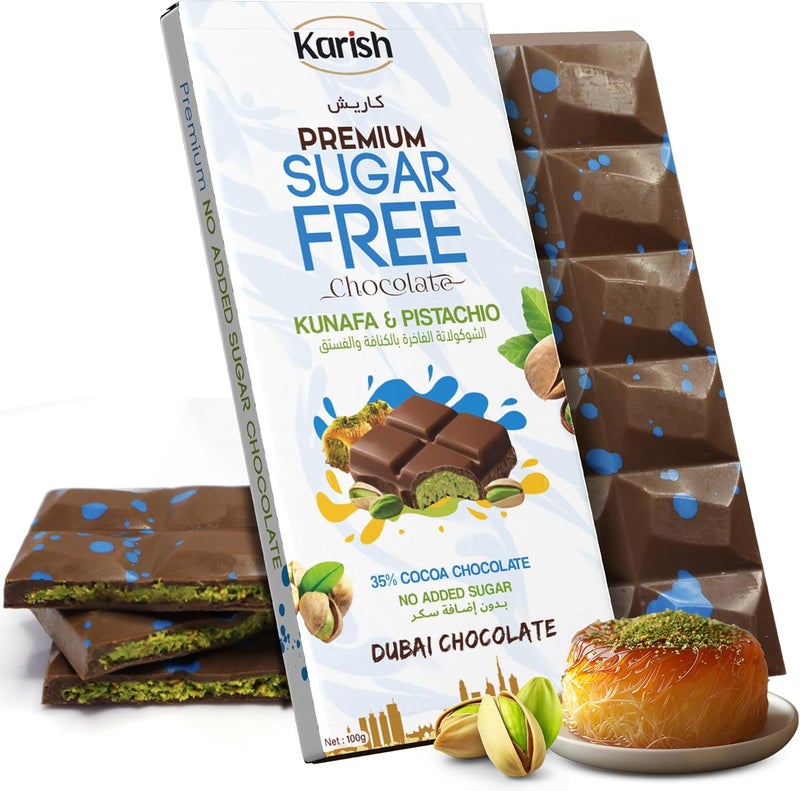 Karish Pistachio Kunafe Sugar-Free Chocolate Bar 100g – Low-Sugar Gourmet Treat, Rich Cocoa & Nutty Delight - Image 1