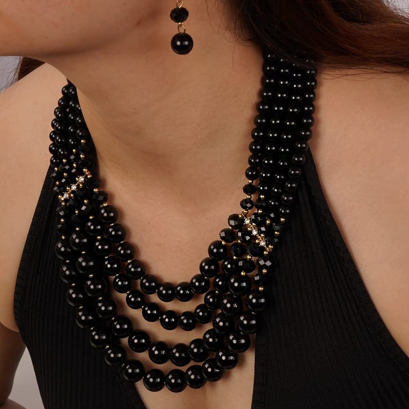Missgrace Women Bride Boho 1920s Fashion Dainty Layered Black Pearl Beads Crystals Choker Necklace Long Pearl Dangle Earrings and Necklace Jewelry Set Prom Party Chunky Necklace for Women (Black)