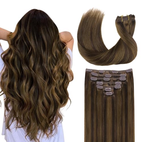 Goo-Goo GOO GOO Clip in Hair Extensions Real Human Hair Remy Human Hair Extensions Clip ins for Women Natural Human Hair 14inch 120g 7Pcs 2C4E6C Brown Sugar Swirl Highlights - Image 1