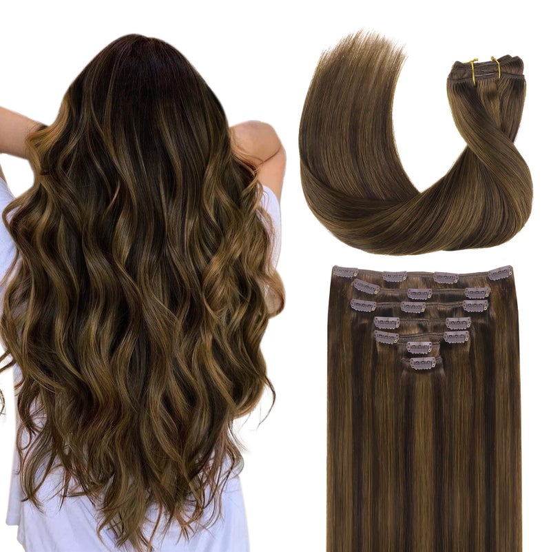 Goo-Goo GOO GOO Clip in Hair Extensions Real Human Hair Remy Human Hair Extensions Clip ins for Women Natural Human Hair 14inch 120g 7Pcs 2C4E6C Brown Sugar Swirl Highlights - Image 2