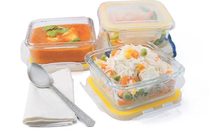 Lemon Tree Borosilicate Glass Lunch Box Set of 3 320ml Square Containers LeakProof AirTight Microwave Oven Safe Yellow - Image 3
