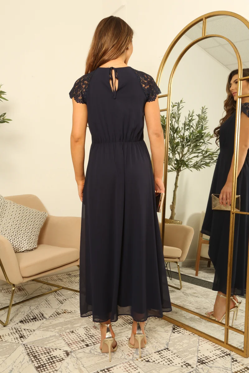 Double Second navy blue Keyhole Cap Sleeve Chiffon Dress for Women | Best Price UAE