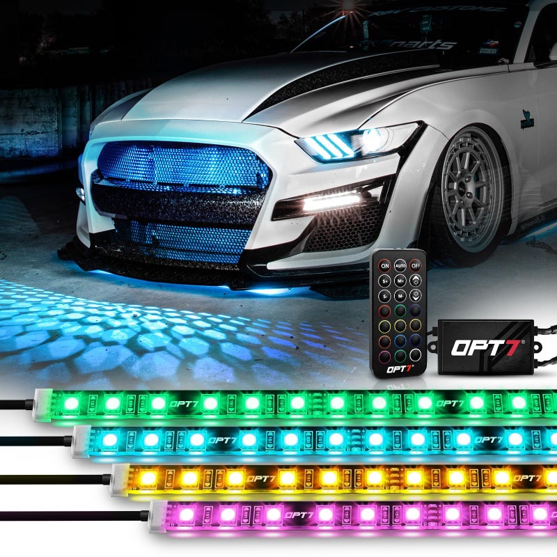 OPT7 Aura 4PCS RGB LED Grille Lights with Remote Control 12 inches Waterproof LED Strip Lights Multicolor Dimmer Fade Cycle Strobe PeelnStick Front Grill Valence Car Truck SUV Decorations