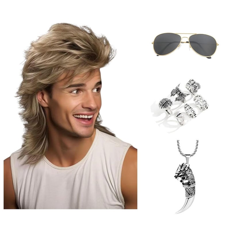 Deifor Mullet Wigs Sets with Wolf Tooth Necklace and 6pcs Metal Punk Rocker Rings and Sunglasse for Men 80s Costumes Fancy Party Funny Heavy Metal Punk Rocker Disco Cosplay Dark blonde 