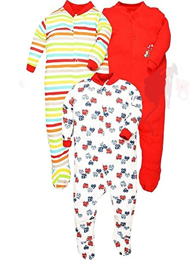 TiniBerry Baby Long Sleeve Cotton Full Body Sleep Suit, Romper for Boys and Girls Set of 3 (6-9 Months, Red) - Image 1