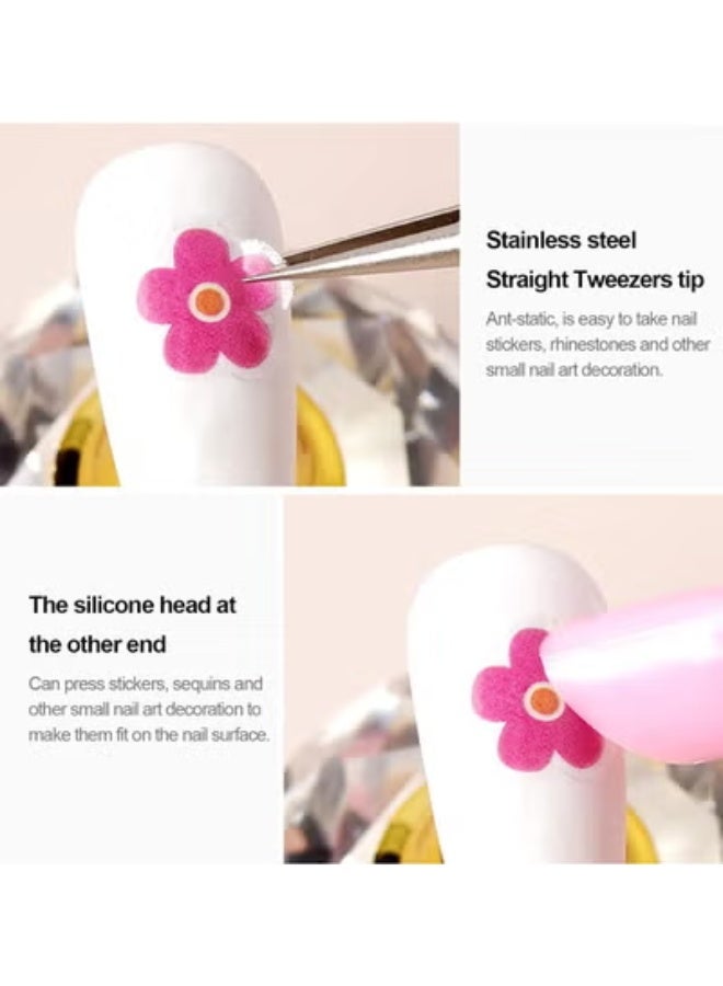 Nail art double-ended tweezers - multi-functional with silicone press, special clippers for sticker diamond decoration, pink precision tweezers, easy to operate detailed nail art tools - Image 5