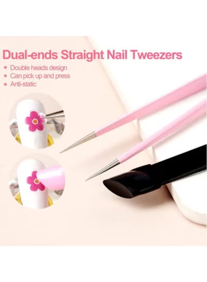 Nail art double-ended tweezers - multi-functional with silicone press, special clippers for sticker diamond decoration, pink precision tweezers, easy to operate detailed nail art tools - Image 2