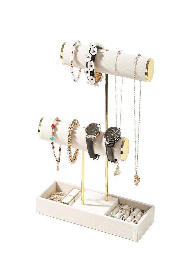 Coward Bracelet Necklace Holder Display, T-Bar Jewelry Holder Stand, Jewelry Organizer with Tray for Necklaces, Bangles, Rings Earrings Watches (Beige Velvet) - Image 1