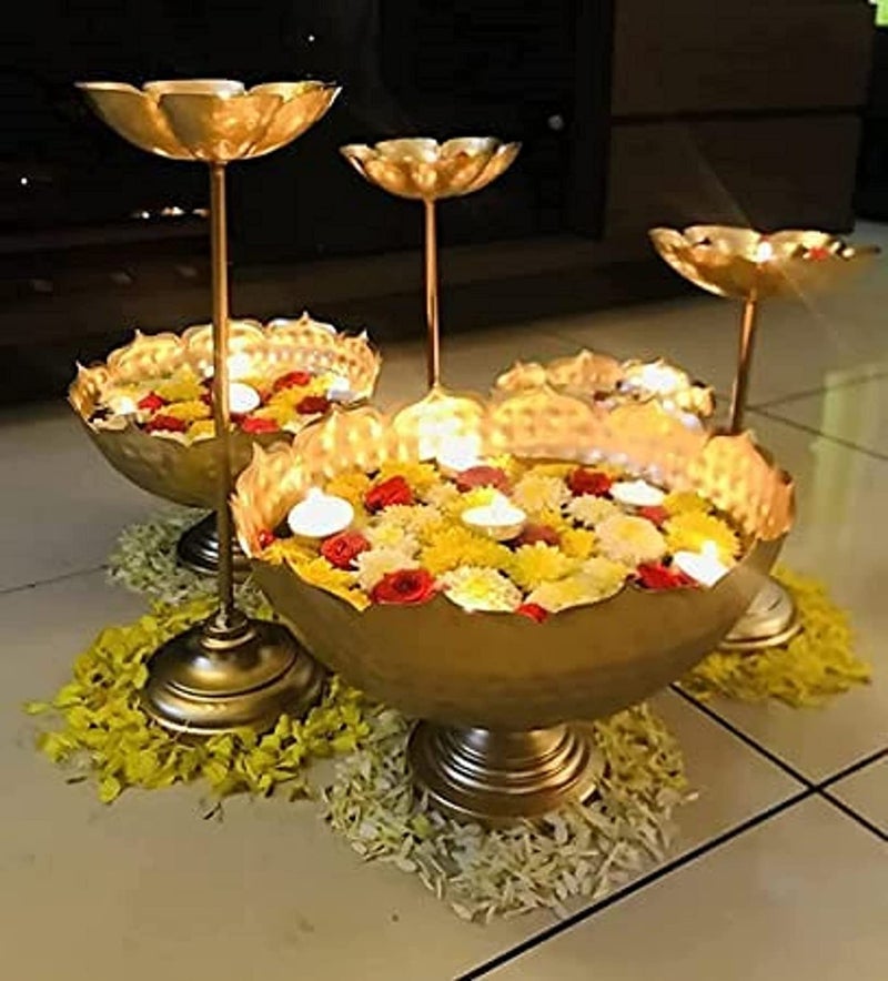 FUNTEREST Handcrafted Metal Decorative Bowl Diya Rangoli Bowls for Floating Flowers with T- Light Candles | Diwali Diya Bowl | Decorative Candle Holder for Navratri Puja (Bowl) - Image 1