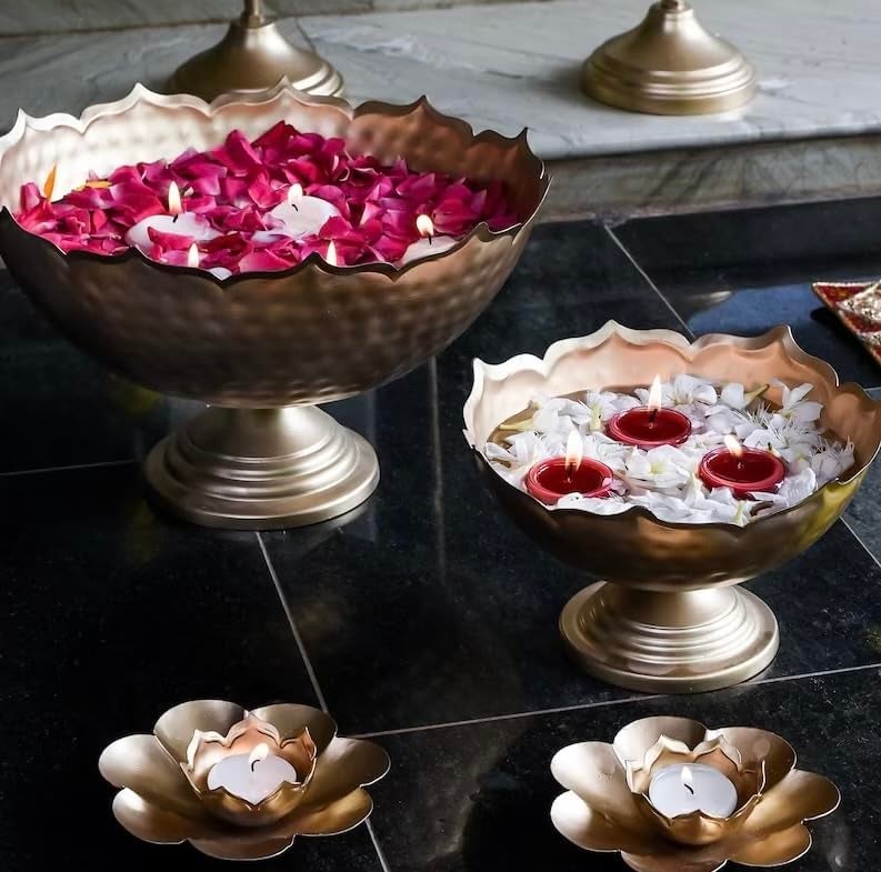 FUNTEREST Handcrafted Metal Decorative Bowl Diya Rangoli Bowls for Floating Flowers with T- Light Candles | Diwali Diya Bowl | Decorative Candle Holder for Navratri Puja (Bowl) - Image 5