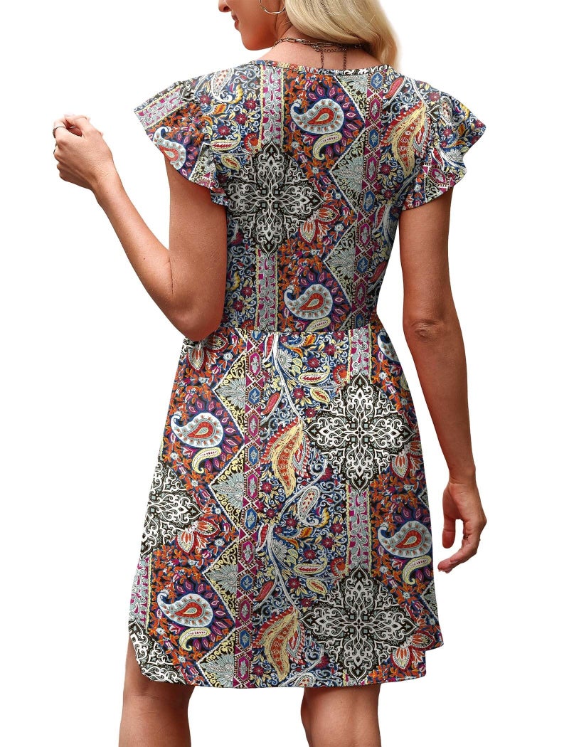 OFEEFAN Western Dress for Women Beach Vacation Clothes Hawaiian Dresses Summer Sundress Cruise Outfits V Neck Babydoll Dresses Italian Dress Matenrity Clothes Bohemia Floral L - Image 5