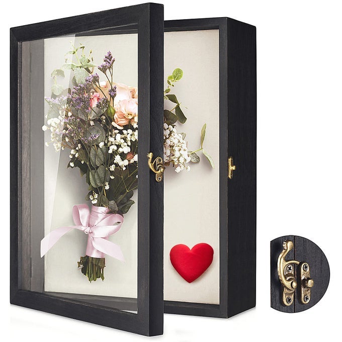 FLOWERS SHADOW BOX DISPLAY CASE 11 X 14 LARGE SHADOWBOX FRAME WITH GLASS WINDOW DOOR WEDDING BOUQUET MEDALS PHOTOS MEMORY BOX FOR KEEPSAKES RUSTIC BLACK