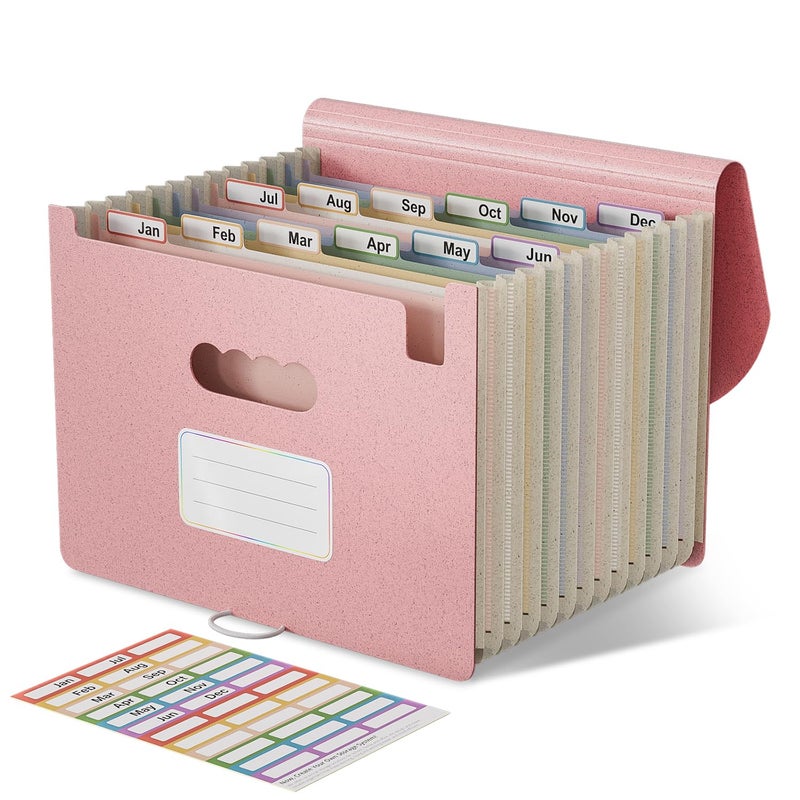 EcoStash Accordion File Organizer, 12-Pocket Wheat Straw Expanding File Folder, Portable Monthly Bill & Tax Receipt Organizer, Letter/A4 Size Document Holder with Colorful Tabs-Strawberry Pink - Image 1