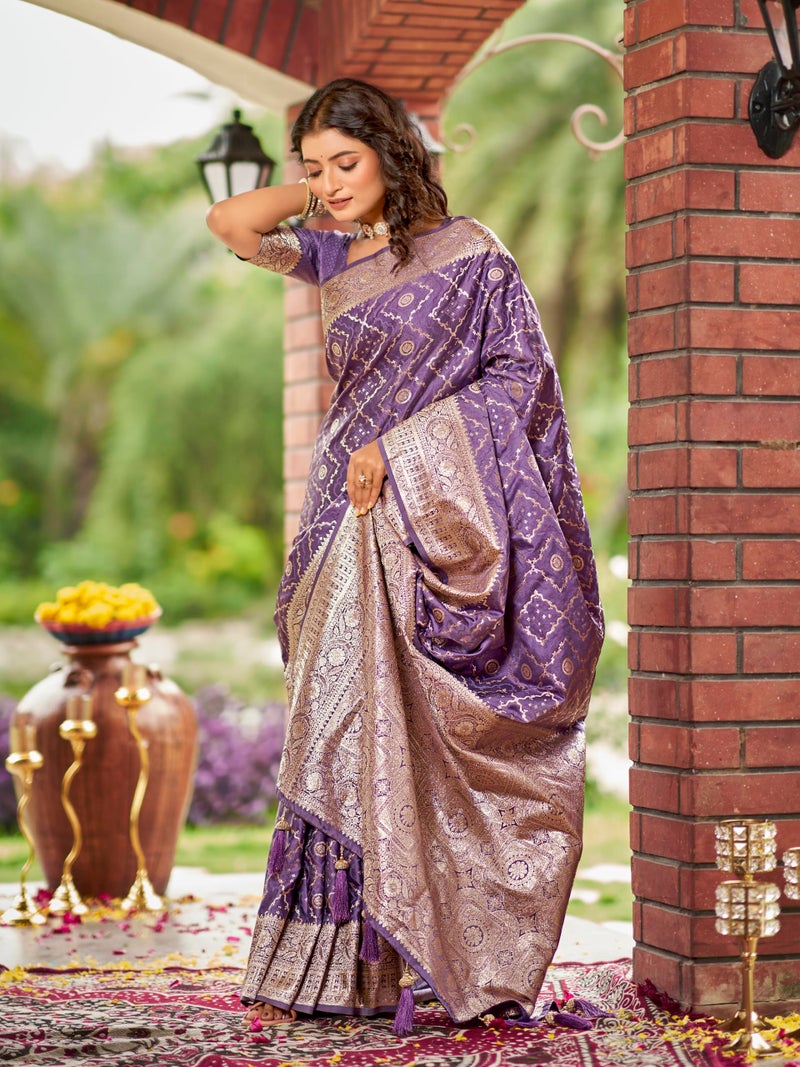 MANOHARI Women's Most Trendy Banarasi Satin Silk Woven Lavender Purple Saree With Heavy Jacquard Work Saree With Blouse Piece_MN2032 - Image 5
