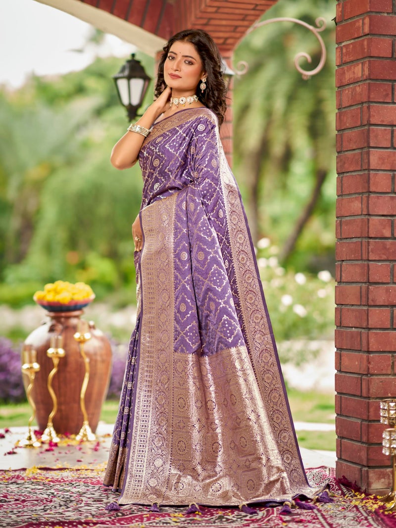 MANOHARI Women's Most Trendy Banarasi Satin Silk Woven Lavender Purple Saree With Heavy Jacquard Work Saree With Blouse Piece_MN2032 - Image 2