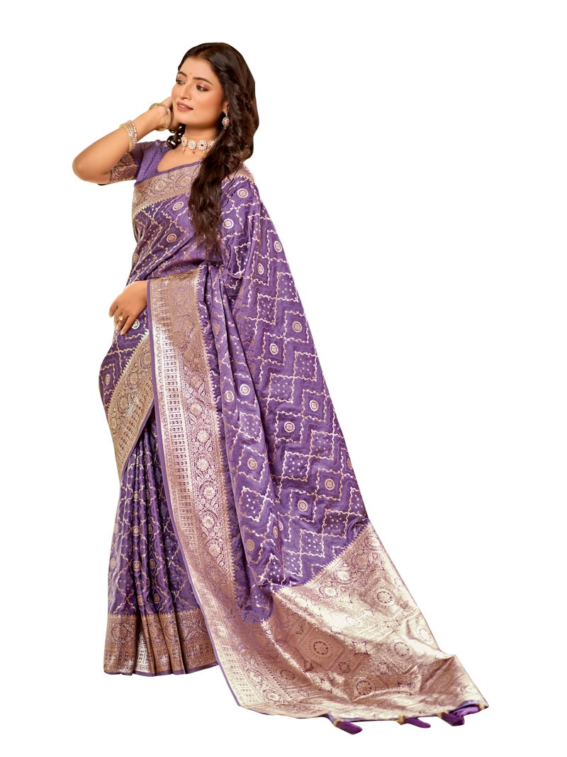 MANOHARI Women's Most Trendy Banarasi Satin Silk Woven Lavender Purple Saree With Heavy Jacquard Work Saree With Blouse Piece_MN2032 - Image 1