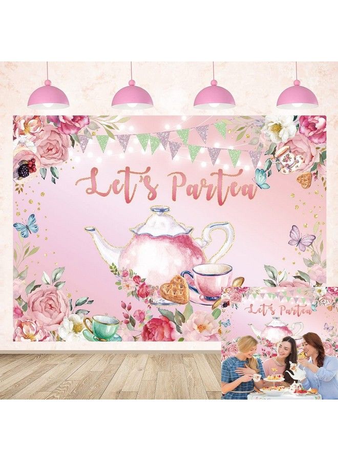 Let'S Partea Backdrop Spring Pink Floral Butterfly Glitter Tea Party Photography Background Sweet Girl Garden Afternoon Tea Birthday Party Cake Table Decoration 7X5Ft - Image 1