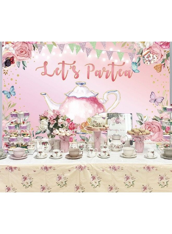 Let'S Partea Backdrop Spring Pink Floral Butterfly Glitter Tea Party Photography Background Sweet Girl Garden Afternoon Tea Birthday Party Cake Table Decoration 7X5Ft - Image 4