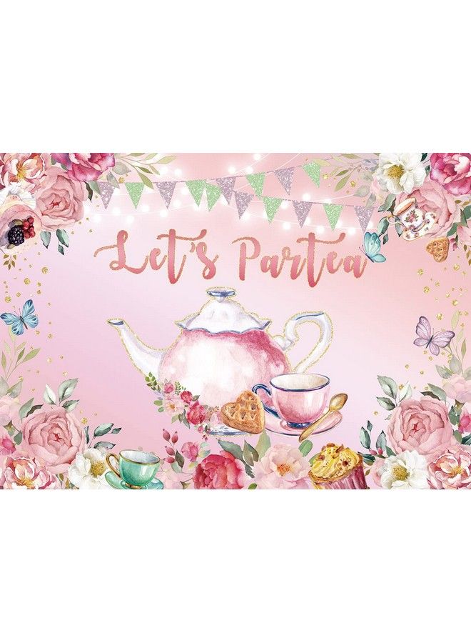 Let'S Partea Backdrop Spring Pink Floral Butterfly Glitter Tea Party Photography Background Sweet Girl Garden Afternoon Tea Birthday Party Cake Table Decoration 7X5Ft - Image 3
