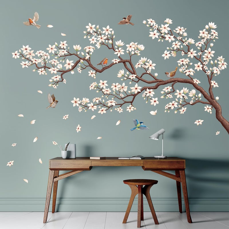 DECOWALL SG4-2317 White Cherry Blossom Tree Wall Stickers Birds on Pink Flower Branch Decals Removable for Nursery Bedroom Living Room Art Home Decor Mural Decoration - Image 1