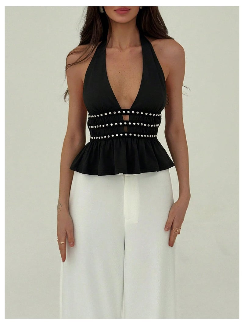 MakeMeChic Women's Halter Going Out Tops Y2k Punk Ruffle Hem Sleeveless Tank Party Clubwear Black Small - Image 5