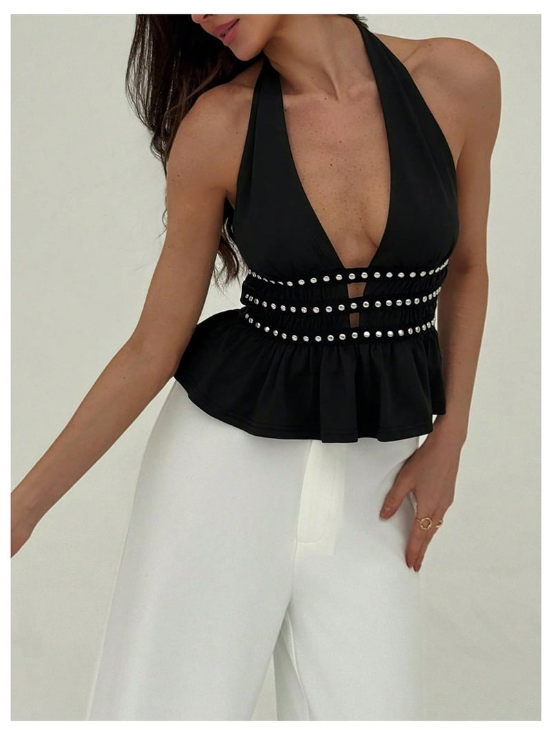 MakeMeChic Women's Halter Going Out Tops Y2k Punk Ruffle Hem Sleeveless Tank Party Clubwear Black Small - Image 4
