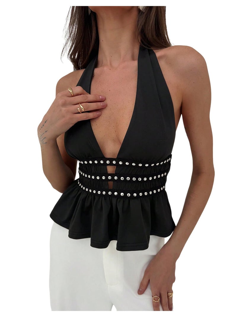 MakeMeChic Women's Halter Going Out Tops Y2k Punk Ruffle Hem Sleeveless Tank Party Clubwear Black Small - Image 1