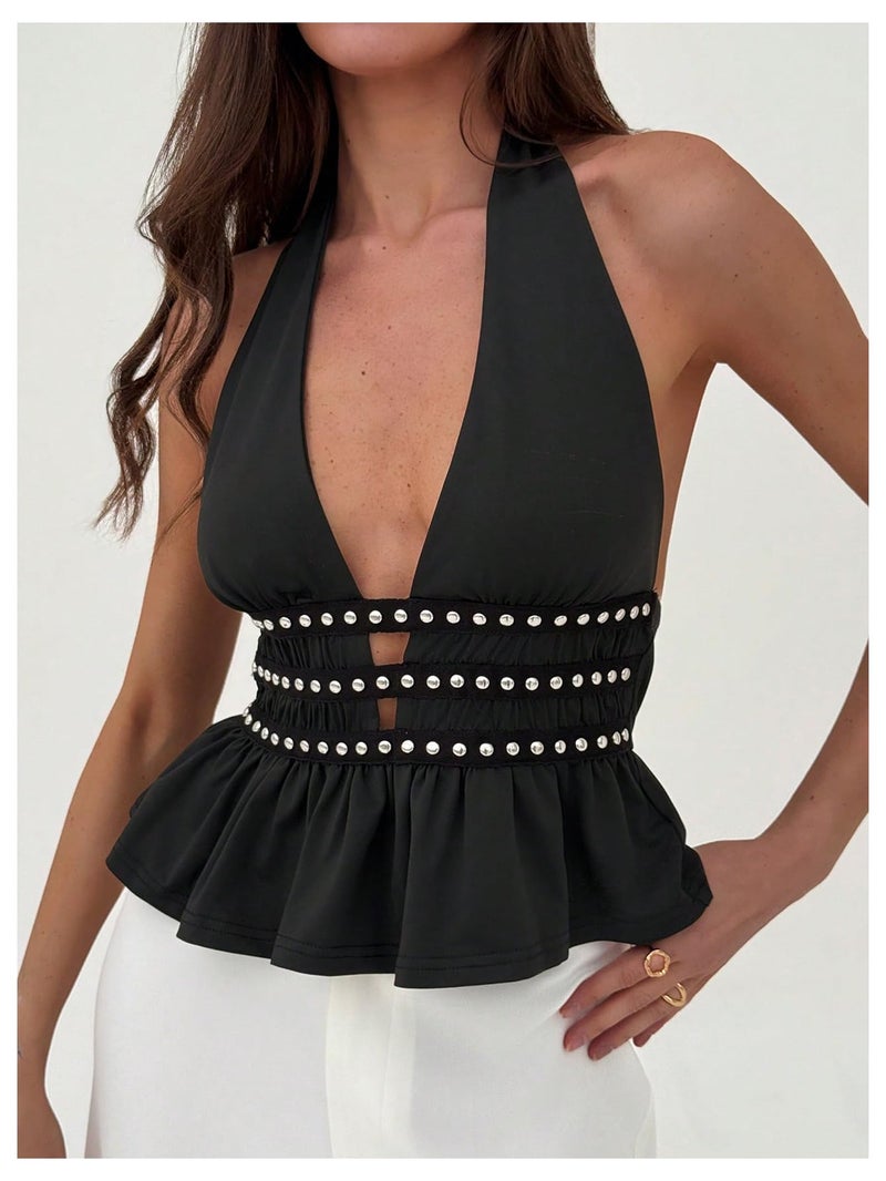 MakeMeChic Women's Halter Going Out Tops Y2k Punk Ruffle Hem Sleeveless Tank Party Clubwear Black Small - Image 2
