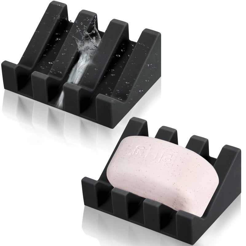 Cunhill 2 Pieces Silicone Soap Dish Self Draining Soap Dish Shower Waterfall Bar Soap Holder Tray with Drain Soap Saver for Kitchen Bathroom Accessories Black