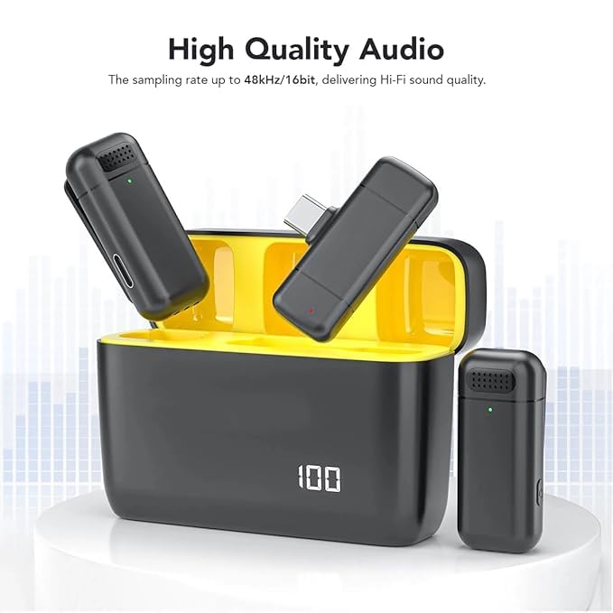 ZINGYOU Wireless Microphone Noise Cancellation Lapel Mic with Charging Case Compatible with Type-C Android & iPhone Dual Channel Lavalier Microphone for Youtubers Video Recording Live Stream - Yellow - Image 2