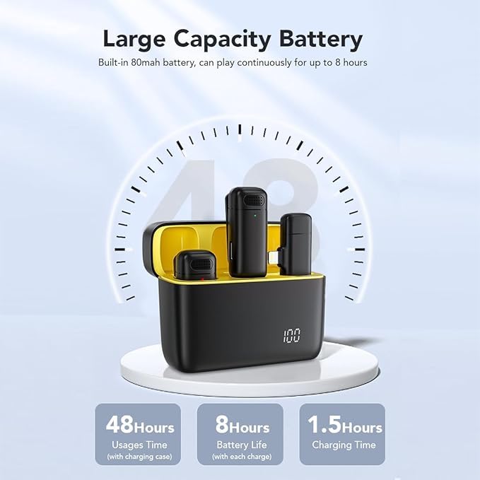 ZINGYOU Wireless Microphone Noise Cancellation Lapel Mic with Charging Case Compatible with Type-C Android & iPhone Dual Channel Lavalier Microphone for Youtubers Video Recording Live Stream - Yellow - Image 3