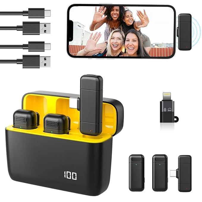 ZINGYOU Wireless Microphone Noise Cancellation Lapel Mic with Charging Case Compatible with Type-C Android & iPhone Dual Channel Lavalier Microphone for Youtubers Video Recording Live Stream - Yellow - Image 1