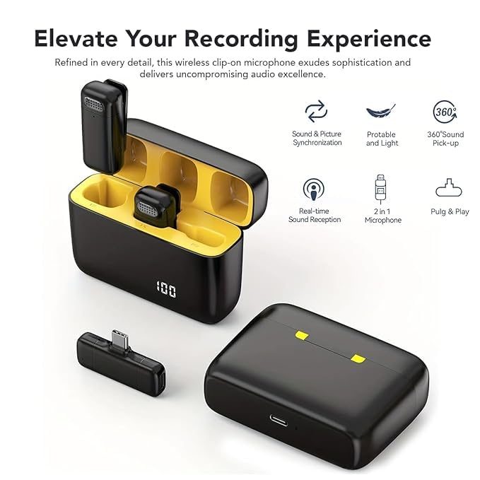 ZINGYOU Wireless Microphone Noise Cancellation Lapel Mic with Charging Case Compatible with Type-C Android & iPhone Dual Channel Lavalier Microphone for Youtubers Video Recording Live Stream - Yellow - Image 5