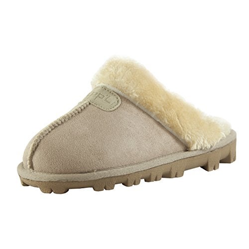 CLPP'LI Womens Slip on Faux Fur Warm Winter Mules Fluffy Suede Comfy Slippers-Beige-7 - Image 1